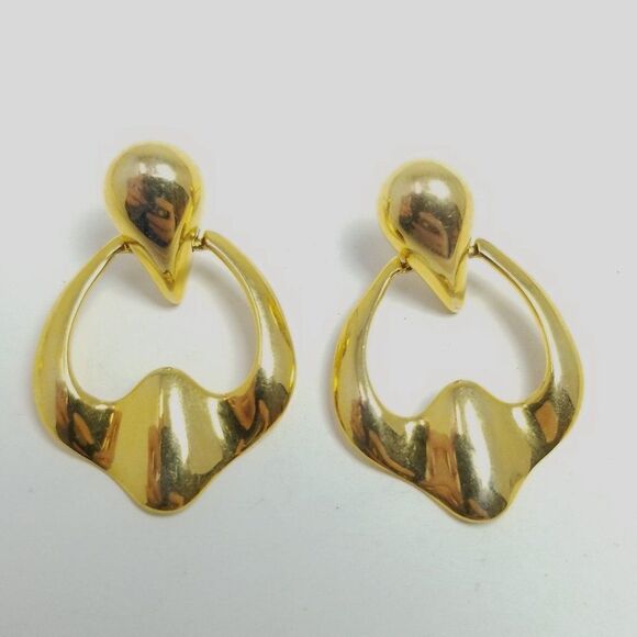 Vintage Gold Tone Door Knocker Style Stud Dangle Earrings, Classic Retro Design - Picture 1 of 7